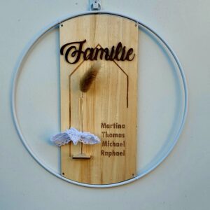 Familienschild – Metallring mit Echtholzelement und Mini Vase